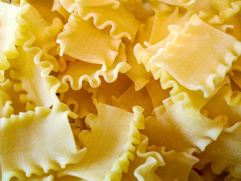 Mafaldine pasta noodles close-up view.