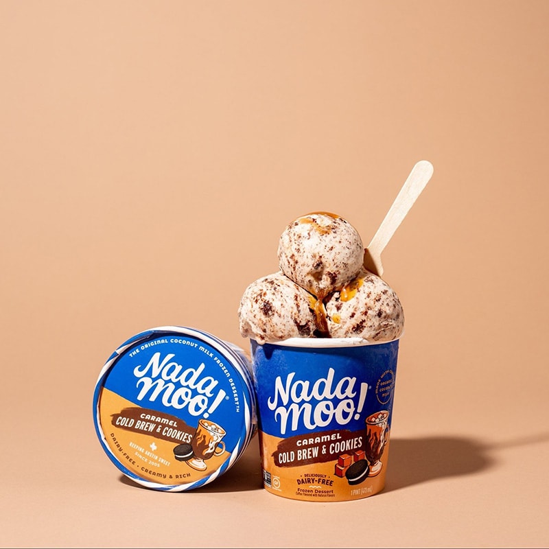 NadaMoo dairy-free ice cream in Caramel Cold Brew, and Cookies flavor.