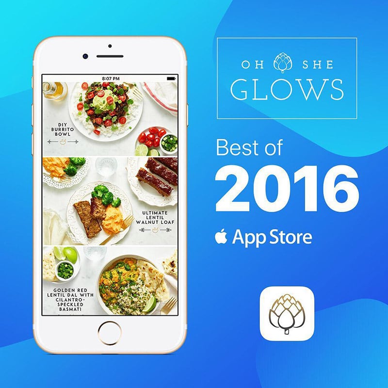 The Oh She Glows App displaying vegan recipes on a phone.