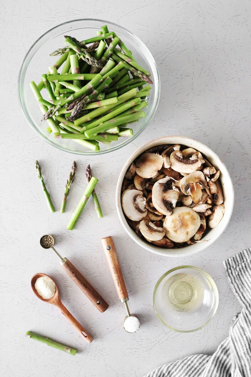 Ingredients for roasted asparagus and mushrooms