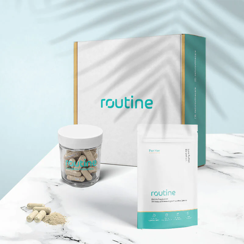 Routine for Her brand probiotic supplements displayed in a box, jar, and tear-open packaging with a light blue background and shadow of a palm tree.