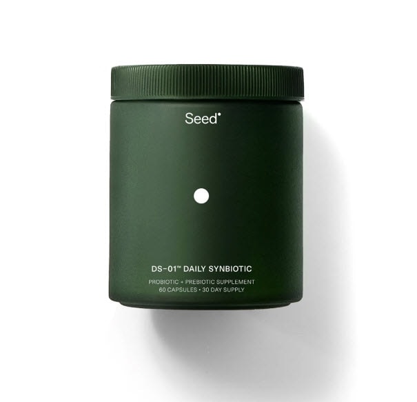 Green container with white lettering for Seed brand DS-01 daily synboitic supplement with 60 capsules for a 30-day supply.