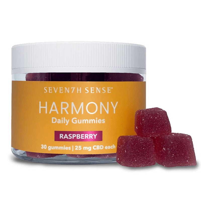 Seven7h Sense Harmony CBD gummies in raspberry flavor.