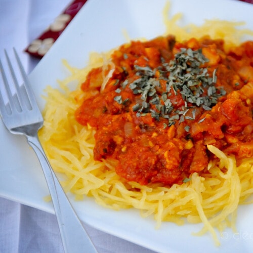 Spaghetti Squash Pasta with marinara sauce on a white plate