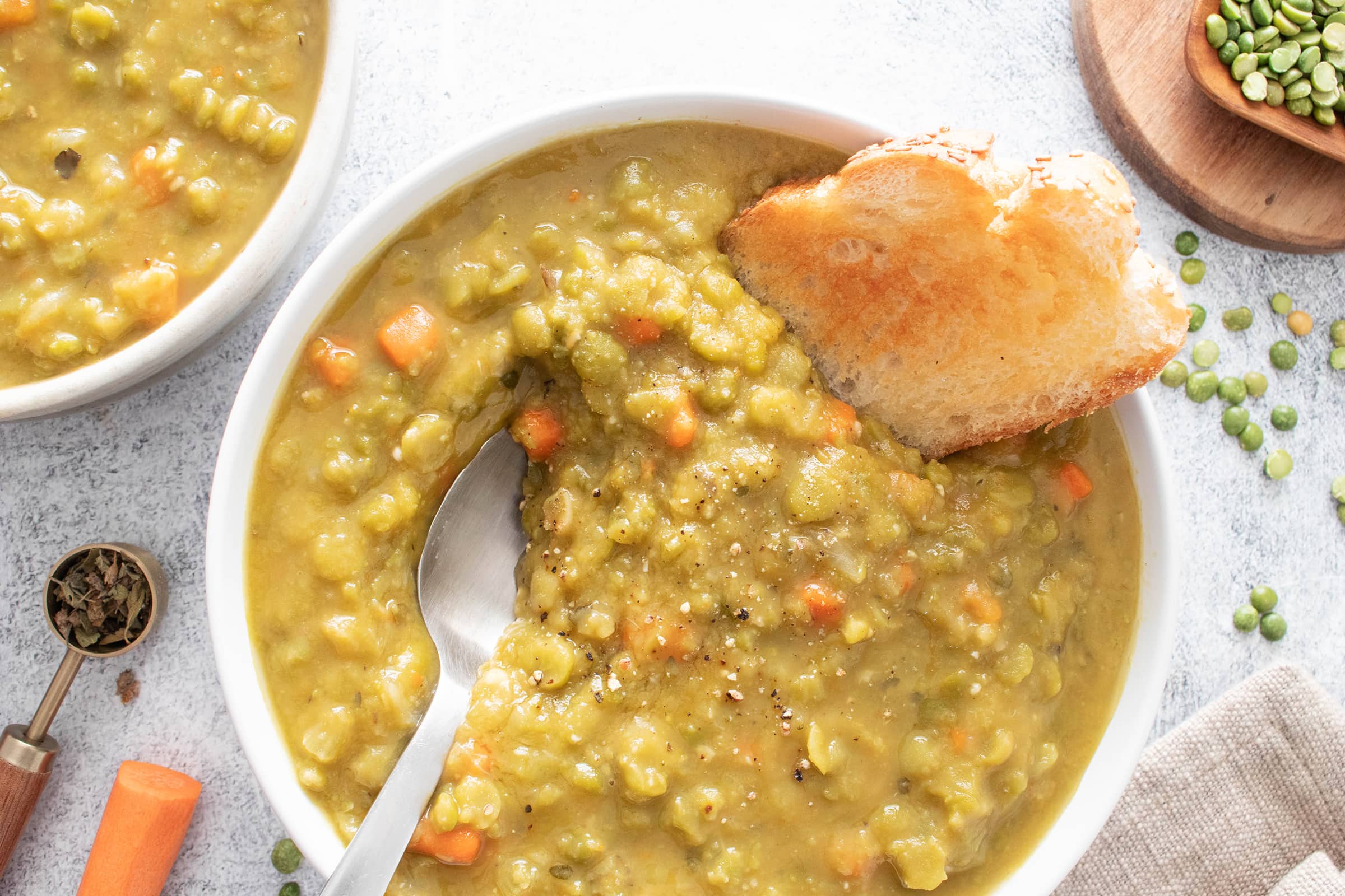 Split pea soup in a white bowl