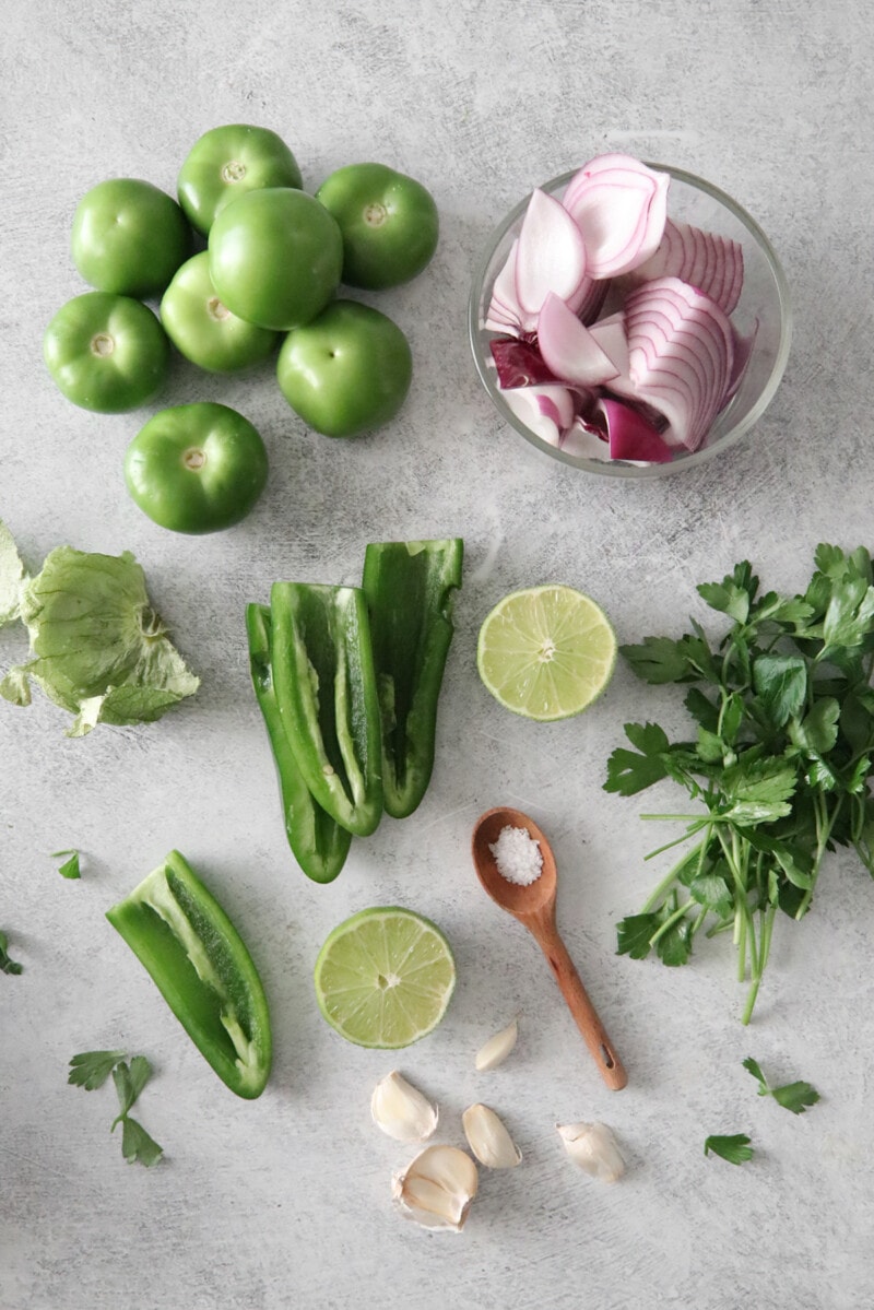 Ingredients for tomatillo green chili salsa.