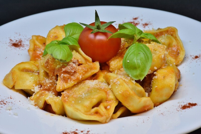 Tortellini with tomato and fresh basil on a white dish.