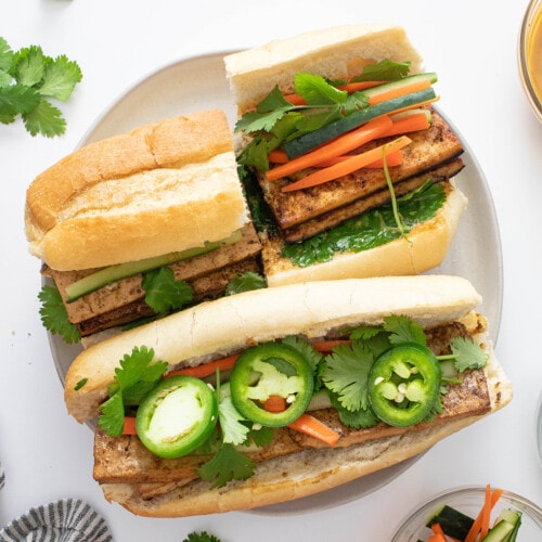 Vegan bánh mì on a white plate