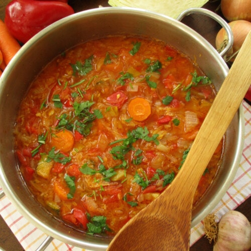 Cabbage soup in large pot with ladle, carrots, onion, pepper and garlic on the kitchen towel