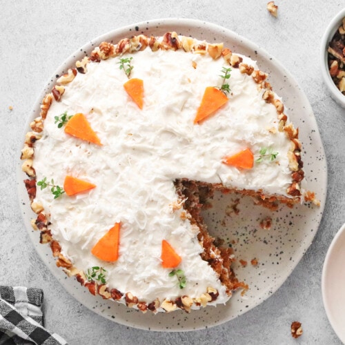 Vegan carrot cake on gray background