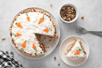 Vegan carrot cake on gray background