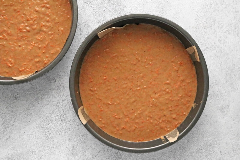 Pour batter to round cake pans