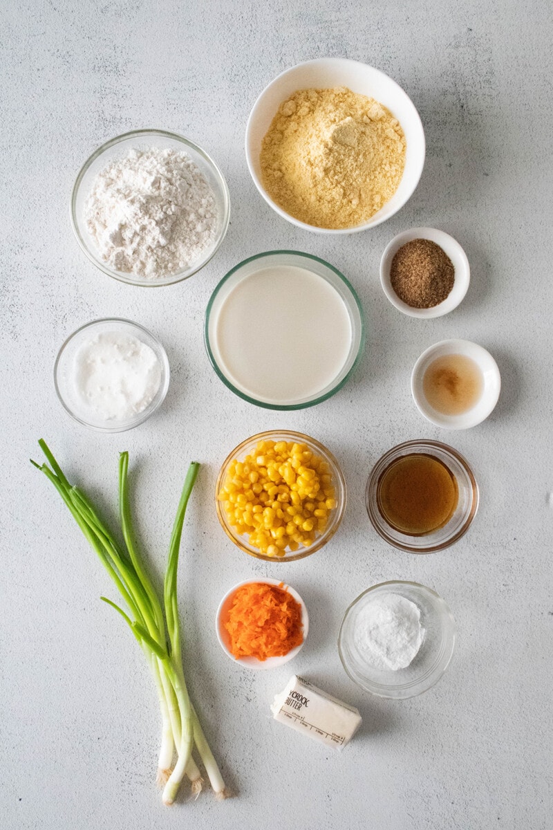 Ingredients for vegan cornbread on a gray table.