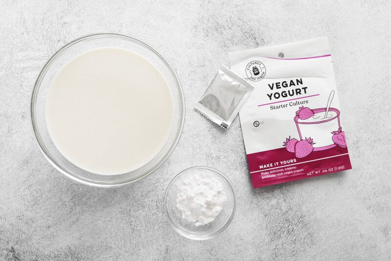 Vegan greek yogurt ingrediants: plant-based milk, tapioca starch, and vegan yogurt culture starter.