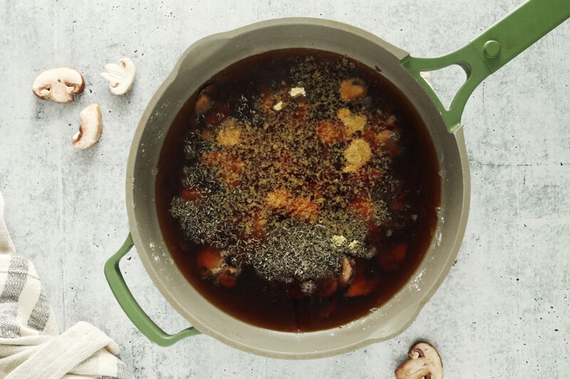 Mushroom gravy ingredients in a pan