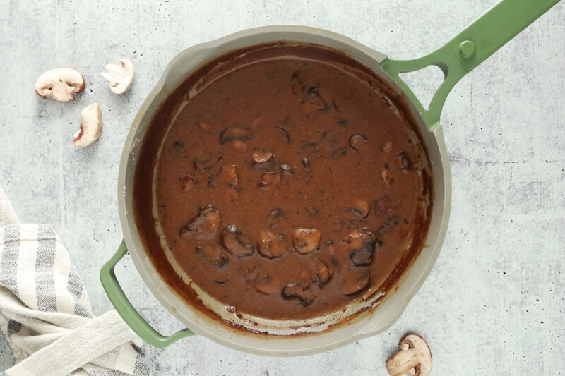 Vegan mushroom gravy in a pan