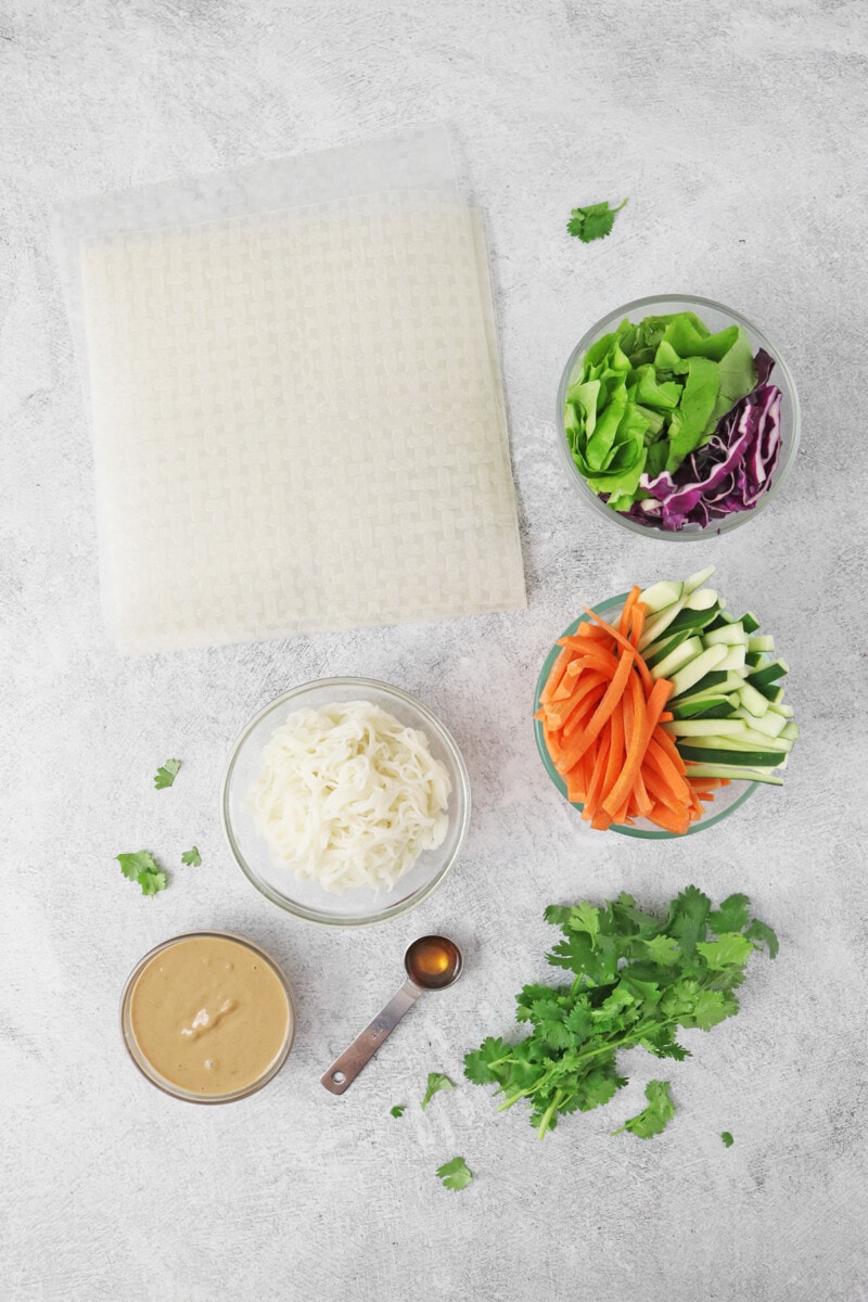 Vegan spring roll ingredients in individual dishes: rice paper, lettuce, purple cabbage, thinly sliced carrot and cucumber, rice noodles, fresh cilantro, sesame oil, and peanut sauce.
