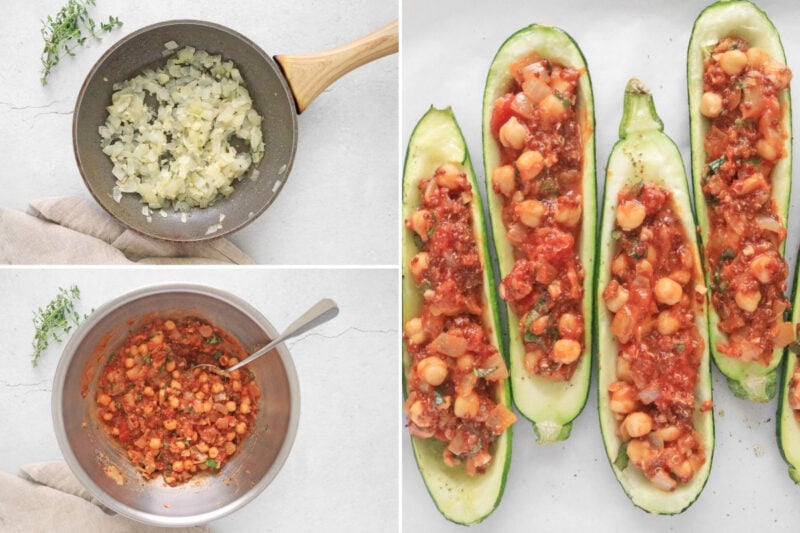 Process for making stuffed zucchini boats: sautéing onions, mixing ingredients, and stuffing zucchinis